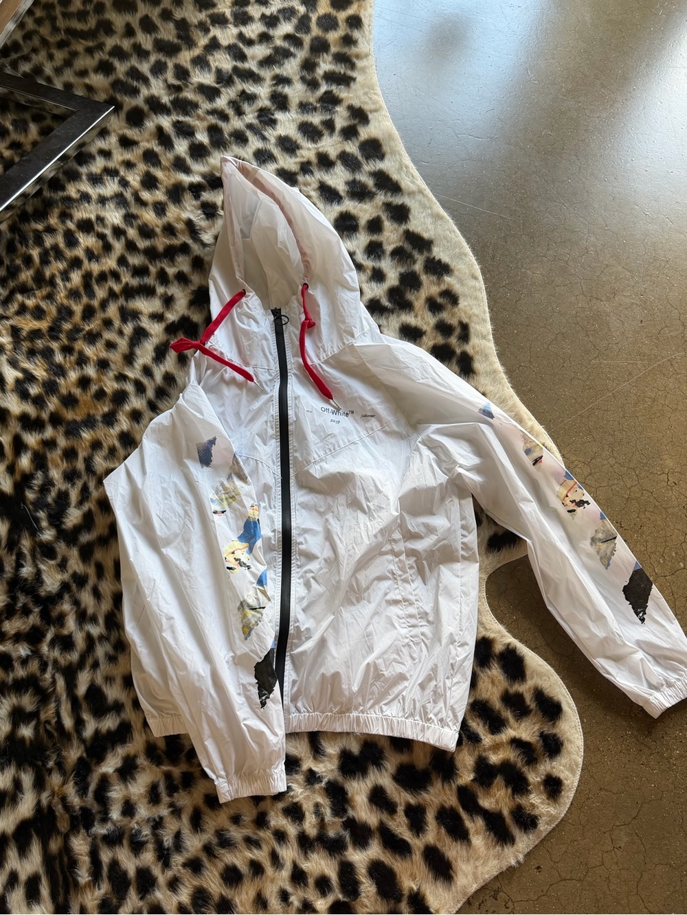Off-White White Hooded Windbreaker Jacket with Red Drawstrings